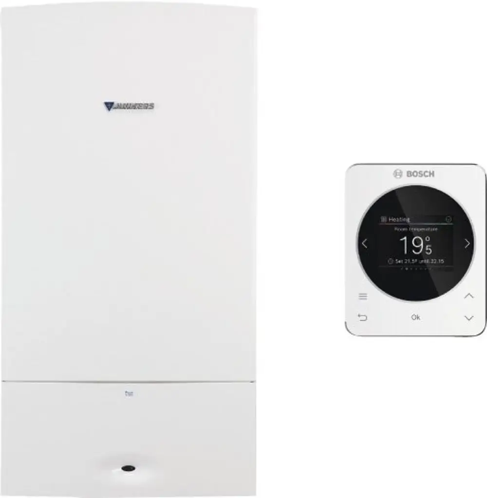 Weißes Bosch-Gasgerät mit digitalem Thermostat, das die Raumtemperatur anzeigt und Heizfunktionen steuert. Gerät mit schlichtem Design, auf einem neutralen Hintergrund platziert.